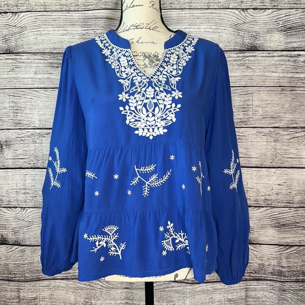 Anthropologie Luna Moon Blue Embroidered Top Size S - Picture 1 of 7